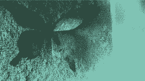 Image pixelisée : Image de synthèse représentant un papillon étrange sur un mur.