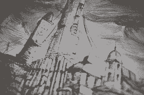 Image pixelisée : Dessin d’une ville futuriste avec un tour géante en fond