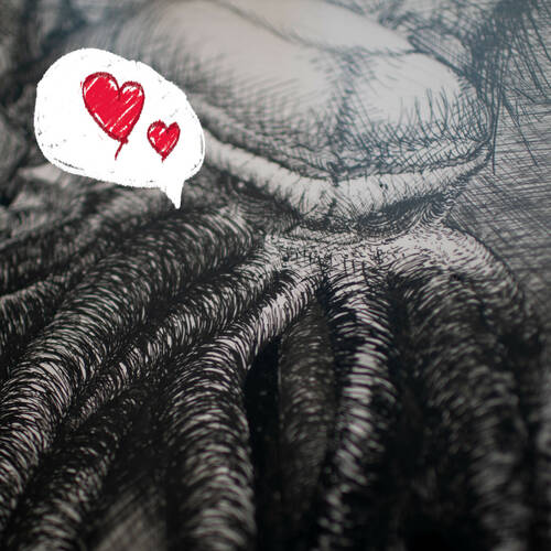 A scary Cthulhu drawn in china ink with small cute hearts