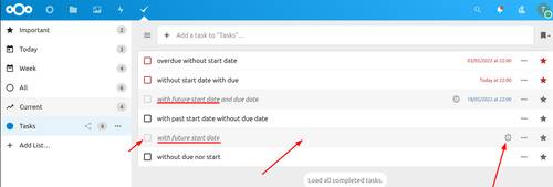 Capture d’écran de l’application ” Tasks” de Nextcloud. Quelques lignes sont grisées car leur date de début est dans le futur.