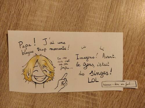 A aquarel of a smiling young blond kid with long hair. With this caption in french on the picture : ‘Dad ! I have a very funny joke ! (you’ll see, it’s a little craaazy…) Just imagine …. (lol lol) Before… People, they were MONKEYS ! LOL’