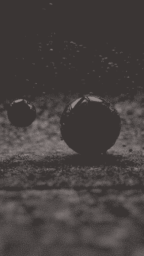 Pixelated image : 3D rendered image representing a strange red sphere and some little one which gravitate around the big one.