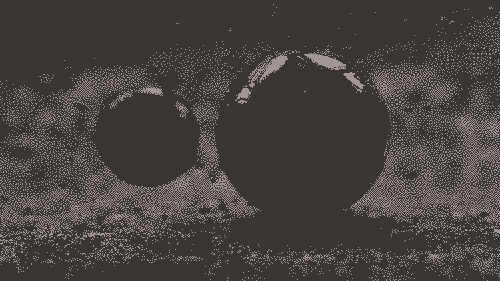 Pixelated image : 3D rendered image representing a strange red sphere and some little one which gravitate around the big one.