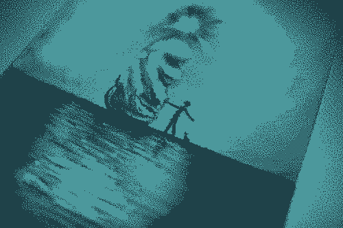 Pixelated image : Drawing of a man standing next to a strange rock at the top of which shines a light.